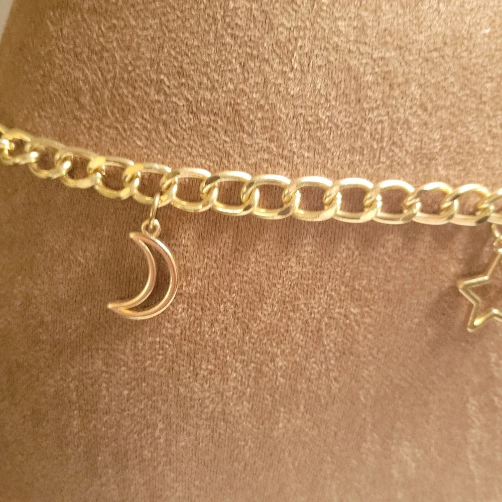 Gold Celestial Moon and Star Charm Chain Belt Adjustable 46
